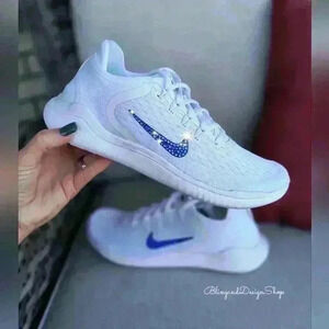 Bling Nike Women's Rn 2018 Sneakers Customized with Blue Crystals